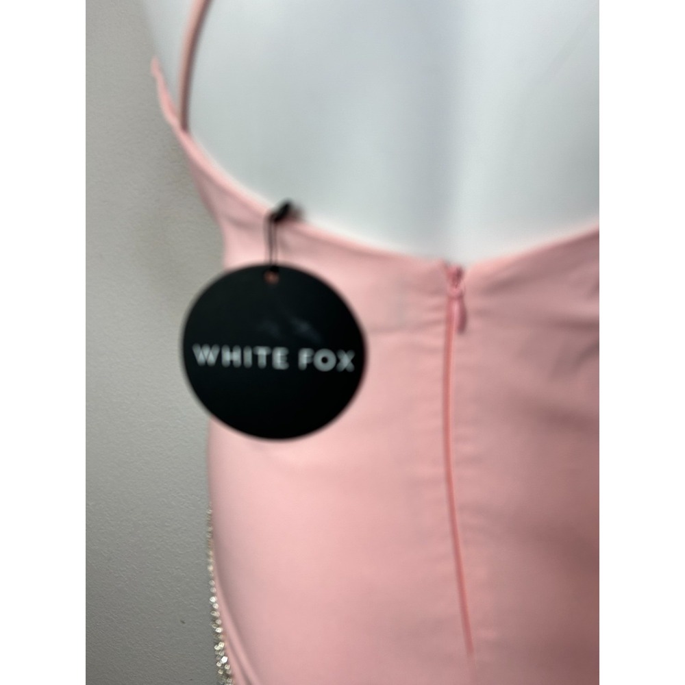 White Fox Mini Dress Size Medium Pink Rhinestone Trim Open Back Come Back NWT - Picture 8 of 10